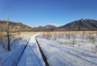 戦場ヶ原からの眺め（右から男体山、大真名子山、小真名子山、左が太郎山）