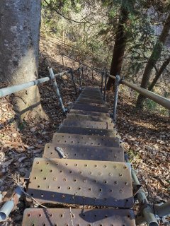 この階段を降りて沢を渡り対岸へ